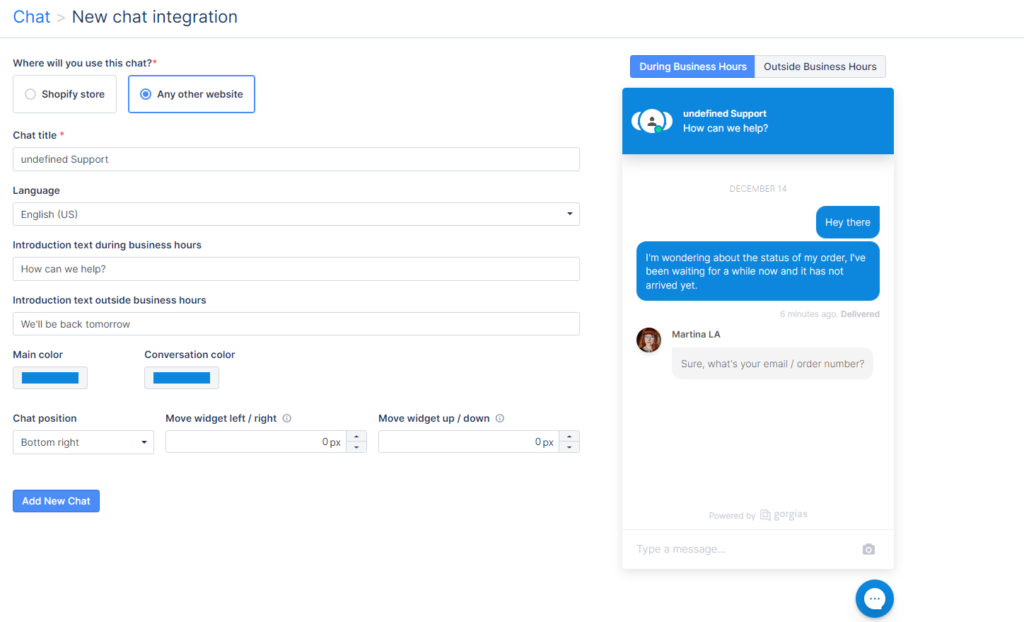 Cài đặt widget live chat mới của Gorgias