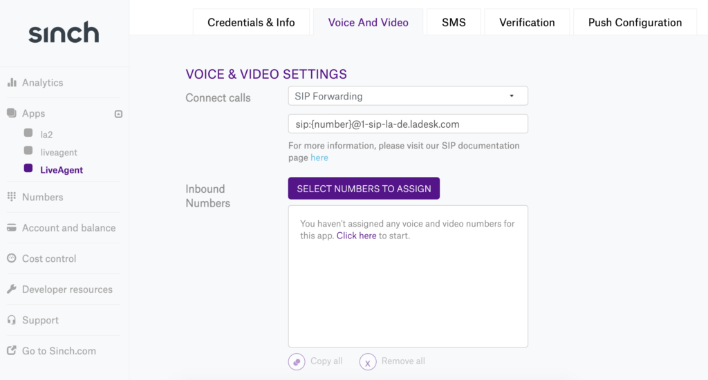 Cài đặt thoại và video Sinch trong cấu hình ứng dụng mới với việc chuyển tiếp SIP đã chọn