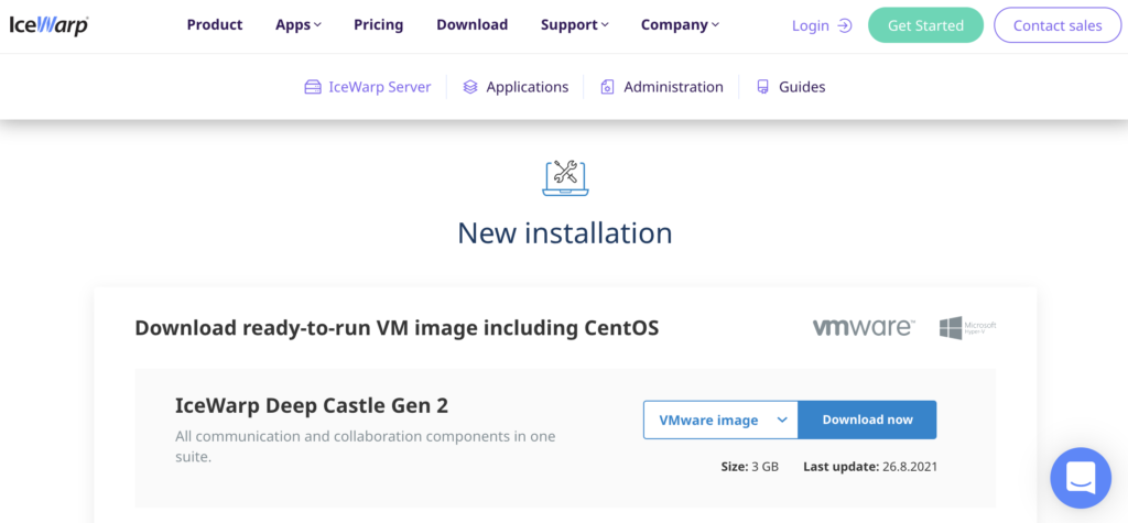 Trang web IceWarp với phần cài đặt và các đường link download